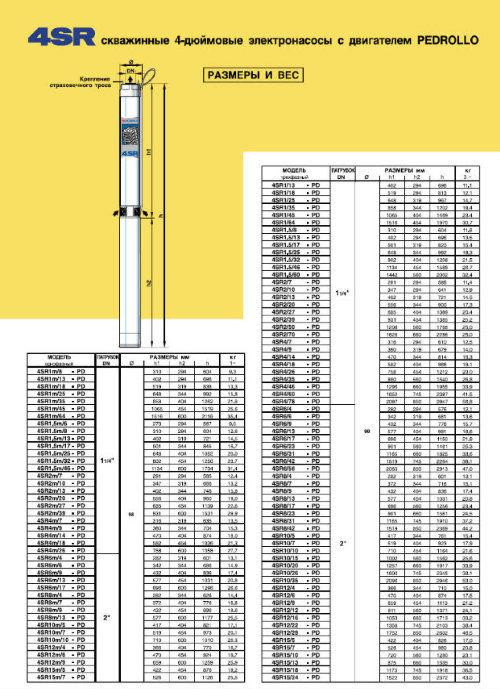 Pedrollo 4SR4/26 заменен на 4SR4/22-F-P  2,2 квт H-176 m Скважинный насос Pedrollo 4SR4/26 предназначен дляскважин с внутренним диаметром от 101 ммМаксимальная высота подъема 170 метровМаксимальная производительность 6 м3/чНапряжение: 380В&nbsp;