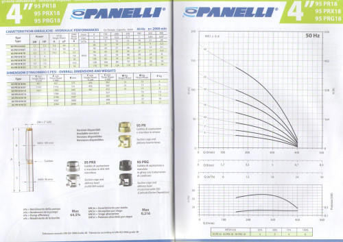 95 PR18N/10  2.2 квт 380в скважинный насос Panelli  4-х дюймовые насосы Panelli 95PR производятся исключительно в Италии . Завод  основан в 1906 году. 
Насосы 95PR изготовлены из нержавеющей стали и идут со встроенным обратным клапаном
Максимальная высота подъема 50 м,
Максимальная  производительность 21 м3/час